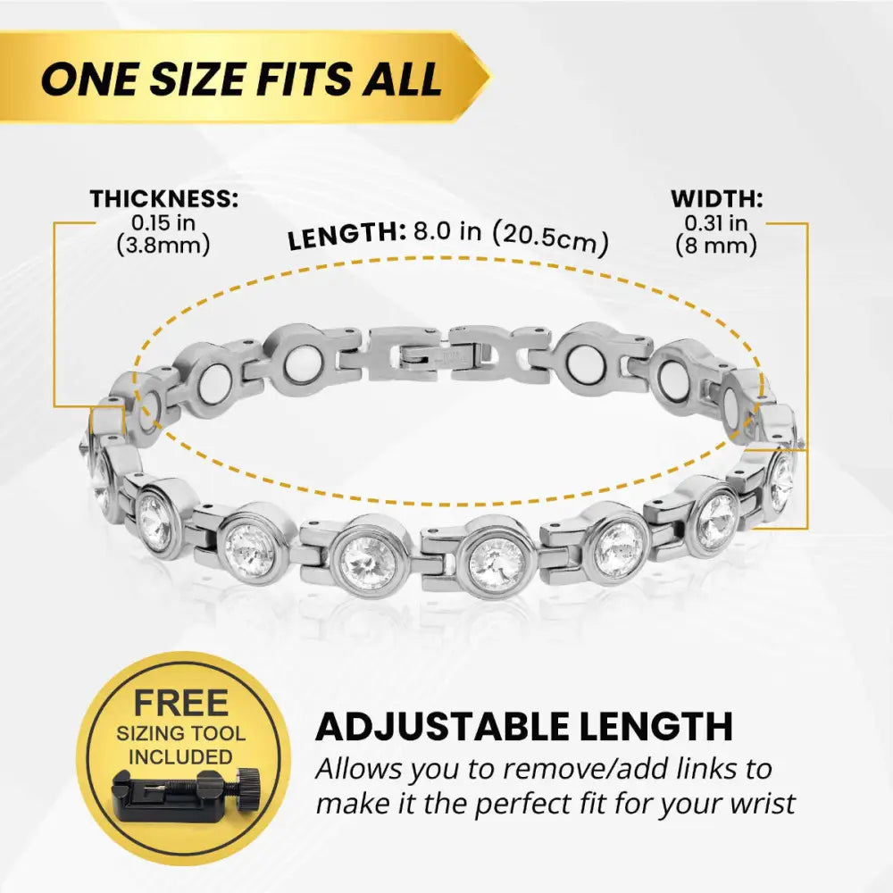 Women’s silver magnetic therapy tennis bracelet with clear crystal accents and sleek interlocking chain design