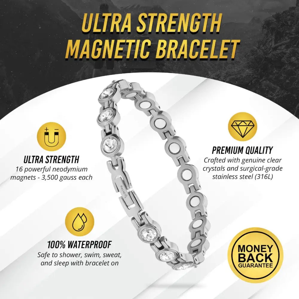 Women’s silver crystal magnetic therapy tennis bracelet with clear crystals set in sleek interlocking stainless steel design