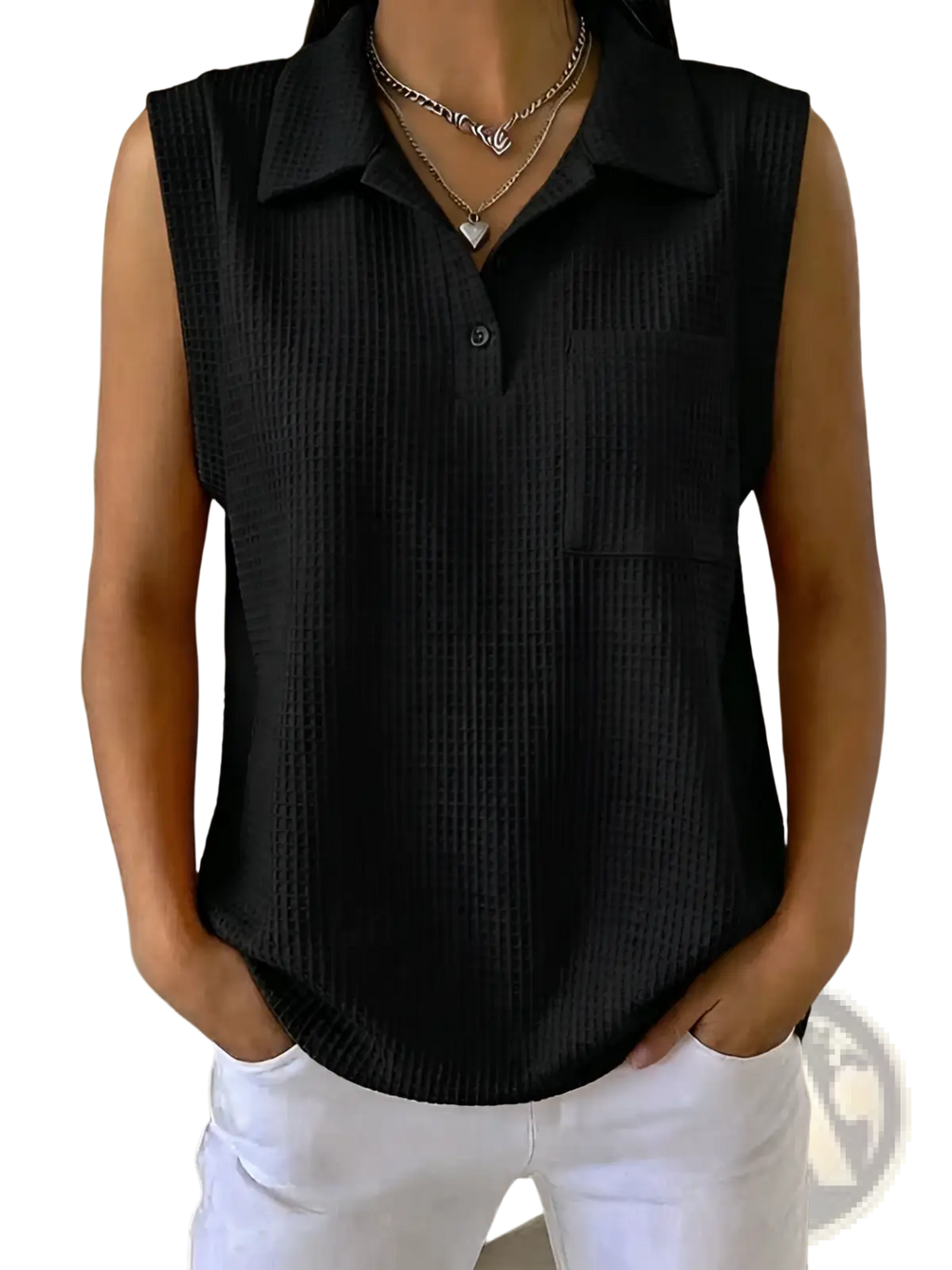 Womens black ribbed sleeveless knitted polo shirt with collar and button placket for casual wear