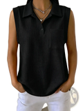 Womens black ribbed sleeveless knitted polo shirt with collar and button placket for casual wear