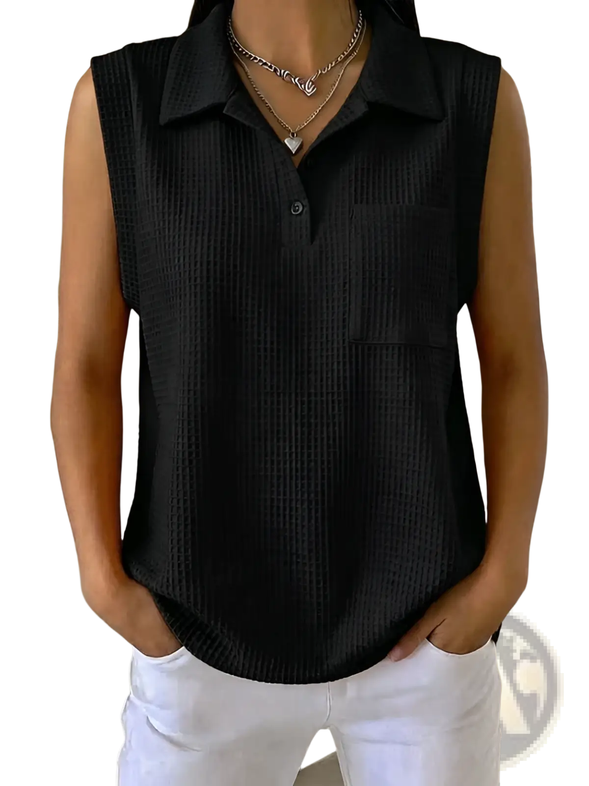 Womens black ribbed sleeveless knitted polo shirt with collar and button placket for casual wear