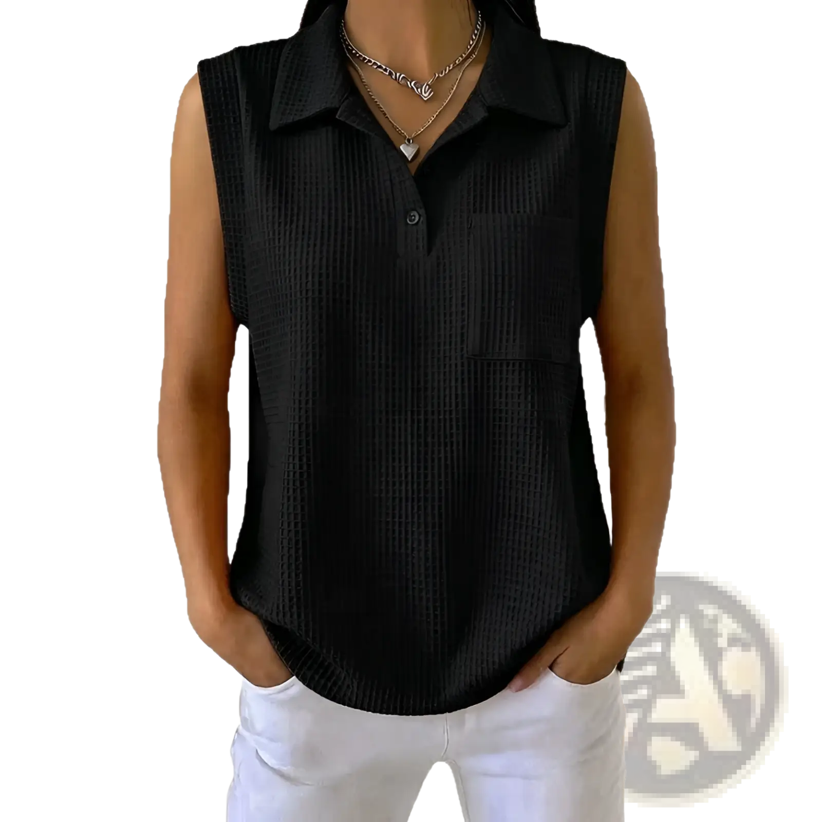 Black sleeveless knitted polo shirt with ribbed texture and single button closure for women