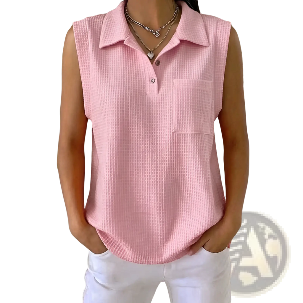 Womens sleeveless knitted polo shirt in pink with textured waffle weave and buttoned placket front