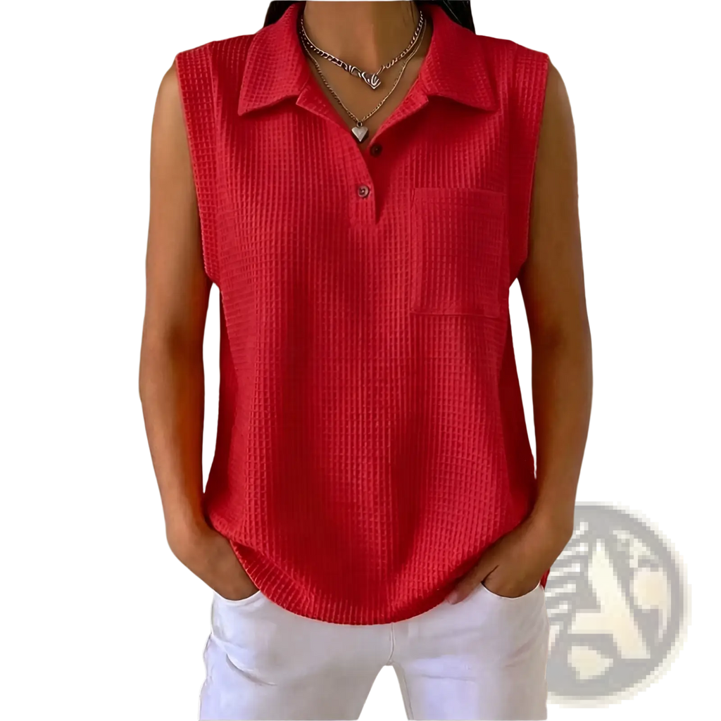 Womens sleeveless knitted polo shirt in red waffle knit with collar and button placket for casual wear