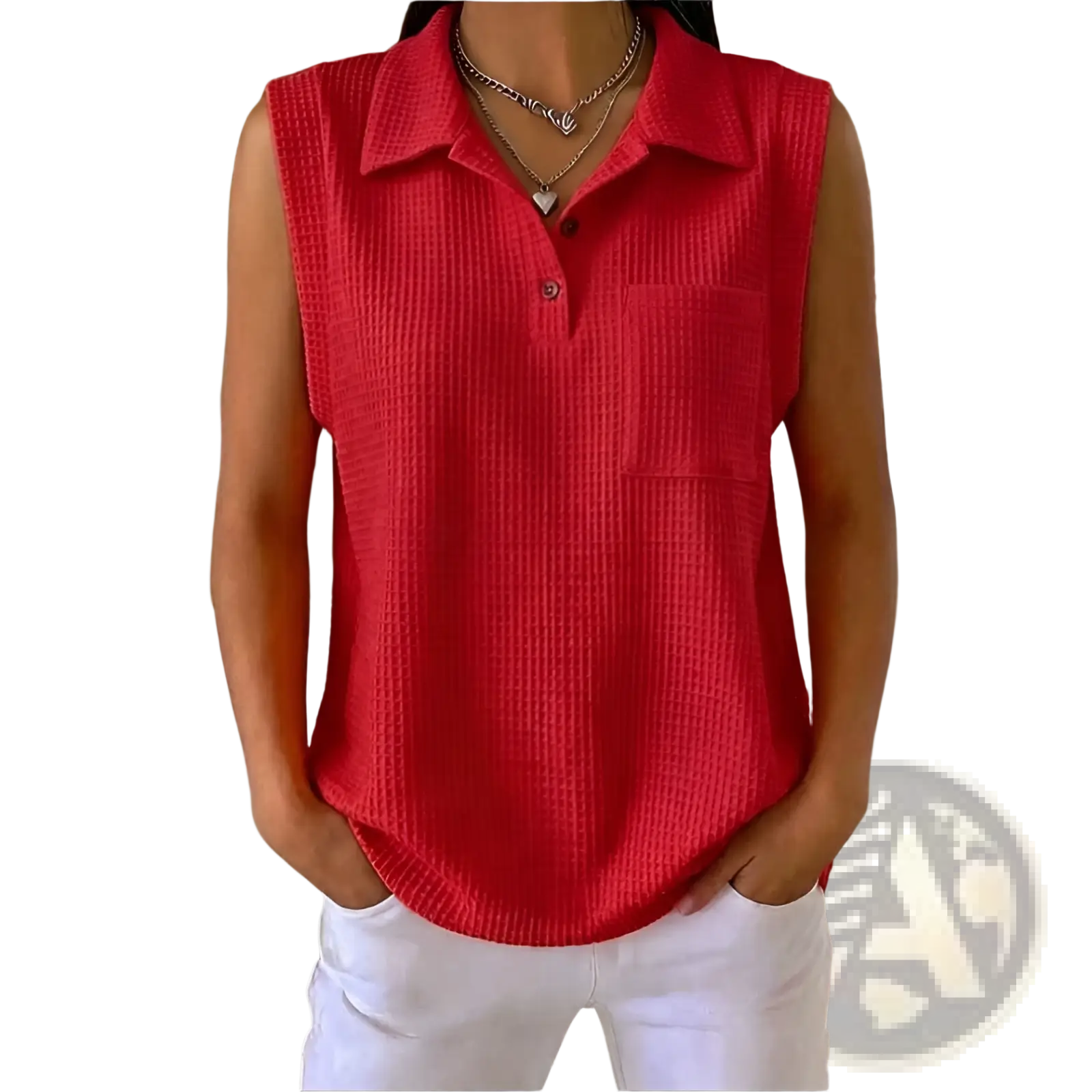 Womens sleeveless knitted polo shirt in red waffle knit with collar and button placket for casual wear
