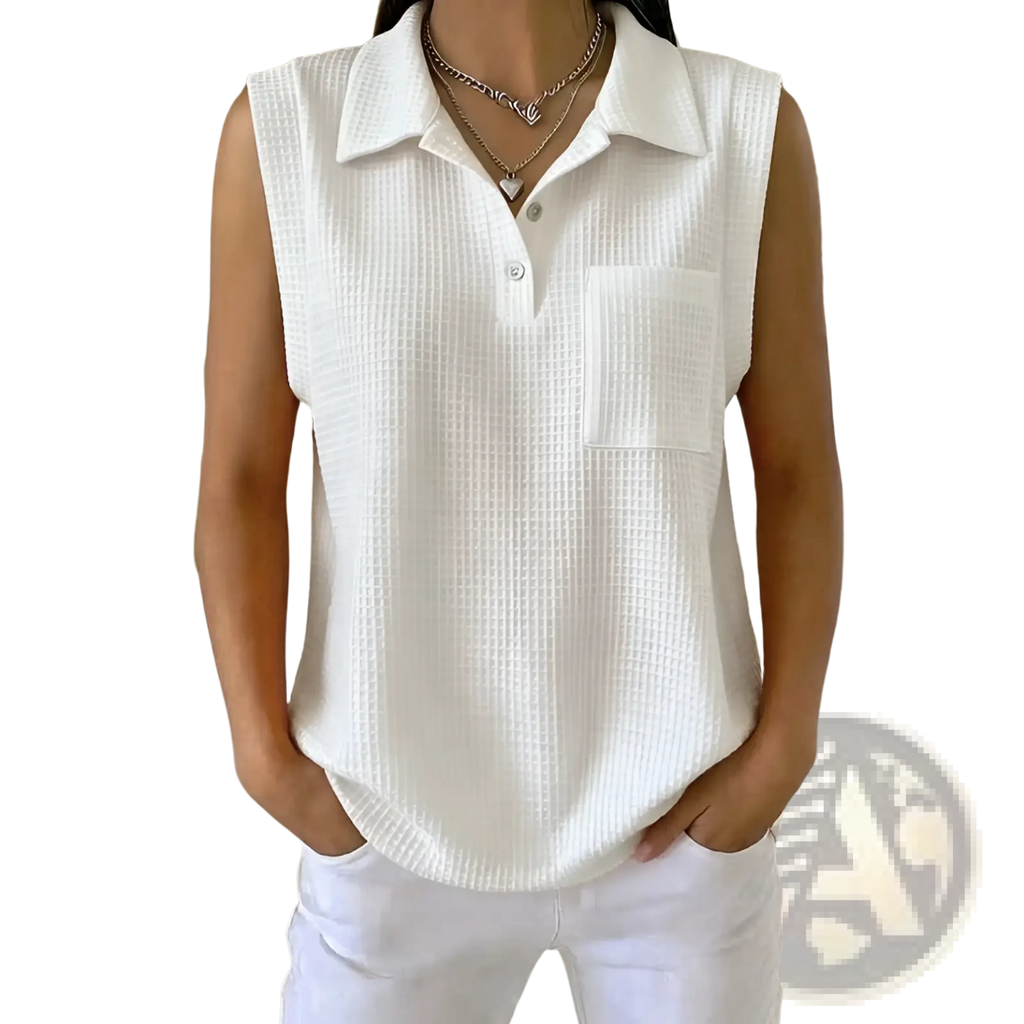 White waffle-knit sleeveless polo shirt with collar and button placket for women in a knitted fabric design