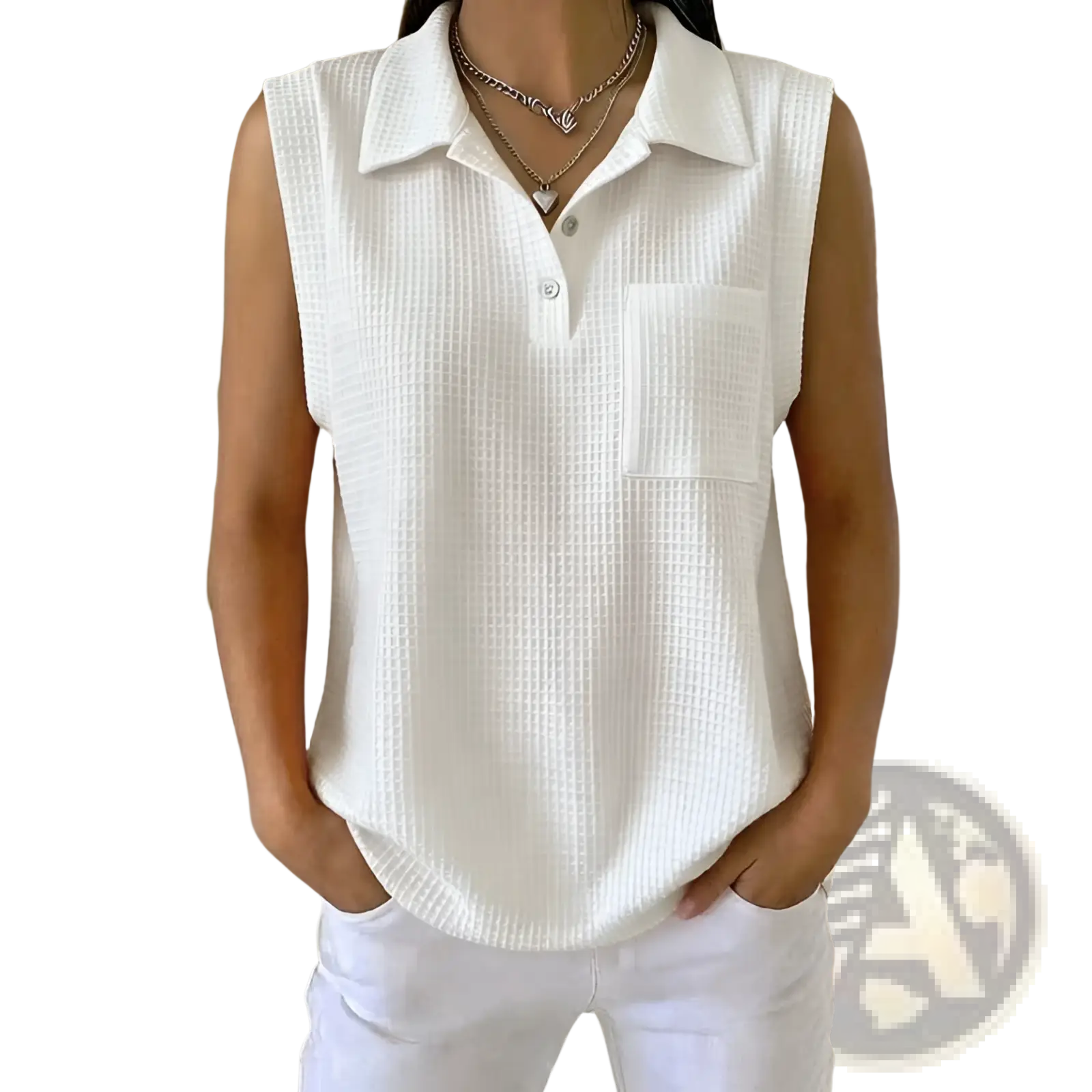 White waffle-knit sleeveless polo shirt with collar and button placket for women in a knitted fabric design