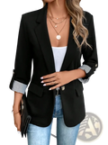Women’s slim fit black blazer jacket with rolled-up sleeves revealing striped cuffs and single button closure