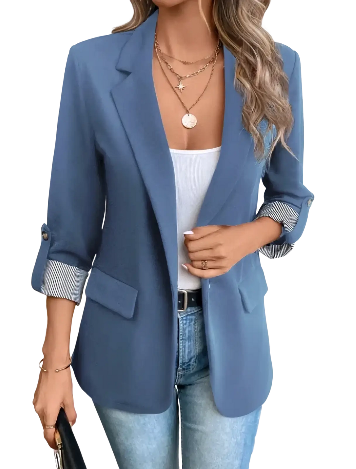 Women’s slim fit casual blazer jacket in blue with rolled-up sleeves revealing striped cuffs and a subtle sheen