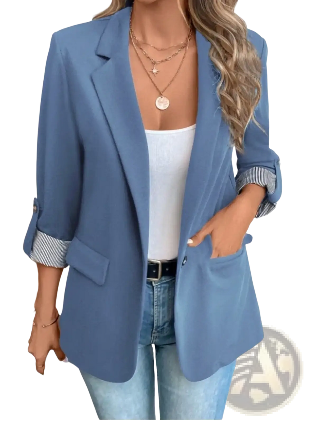 Women’s slim fit casual blazer jacket in blue with rolled-up sleeves showing striped cuffs and a subtle sheen