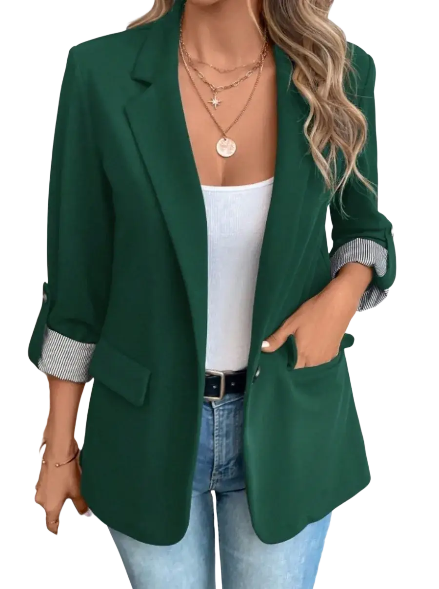 Emerald green btsukimi women’s slim fit casual blazer jacket with rolled-up sleeves and striped cuffs