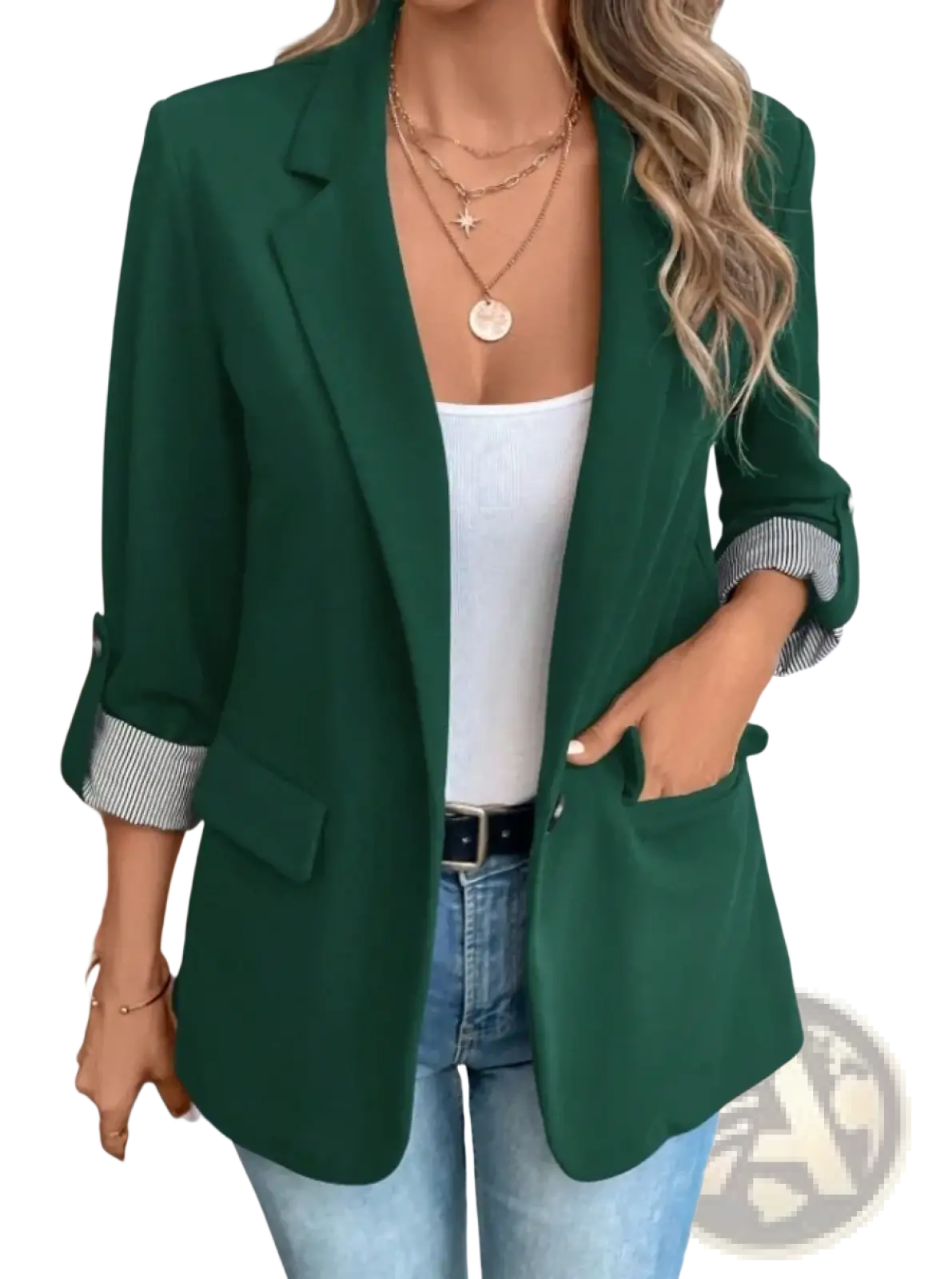 Emerald green btsukimi women’s slim fit casual blazer jacket with rolled-up sleeves and striped cuffs