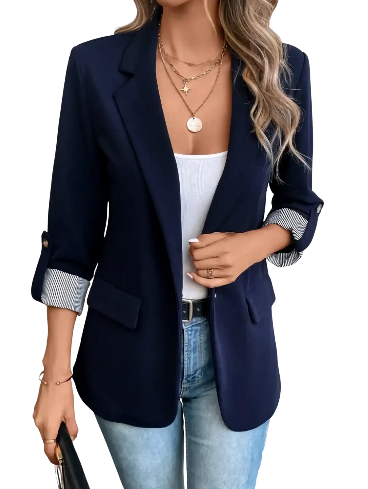 Navy blue women’s slim fit casual blazer jacket with rolled up sleeves showing striped cuffs and subtle sheen