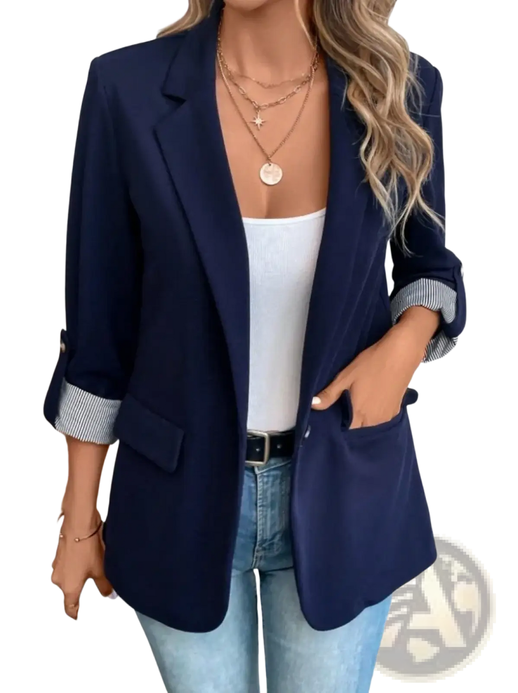 Navy blue women’s slim fit casual blazer jacket with rolled-up sleeves revealing striped cuffs and tailored fit