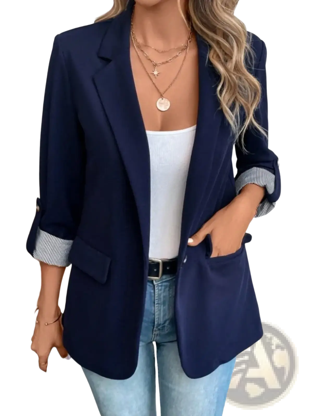 Navy blue women’s slim fit casual blazer jacket with rolled-up sleeves revealing striped cuffs and tailored fit
