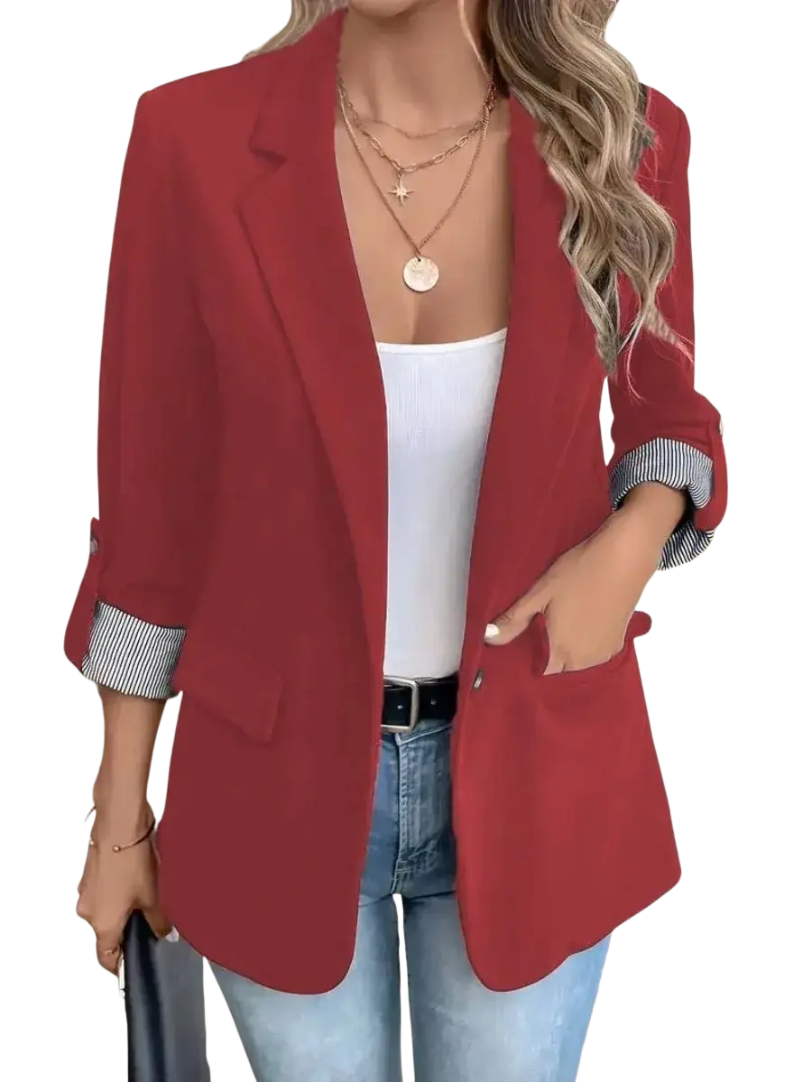 Red women’s slim fit casual blazer jacket with tailored fit and striped cuffs perfect for professional or casual wear