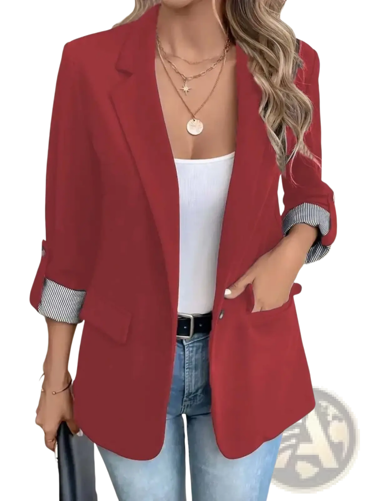 Red women’s slim fit casual blazer jacket with tailored fit and striped cuffs perfect for professional or casual wear
