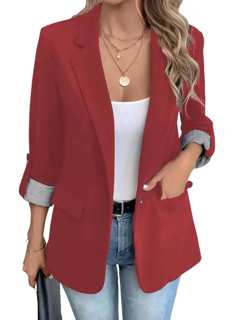 A vibrant red women’s slim fit casual blazer jacket with rolled-up sleeves and striped cuffs showcasing tailored fit