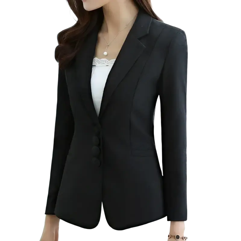 Black slim fit herringbone blazer suit jacket with a subtle texture and sleek professional design for women
