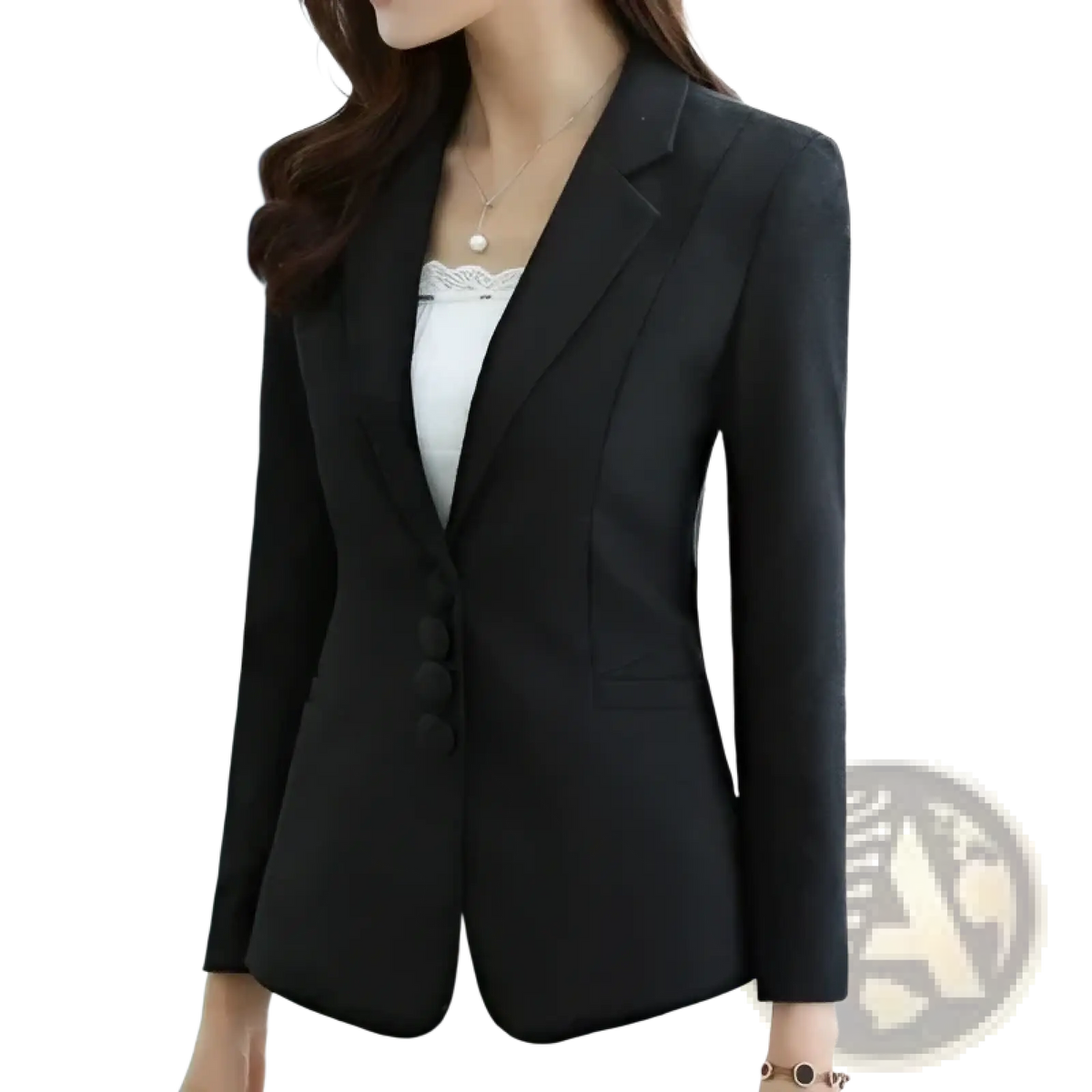 Black women’s slim fit herringbone blazer suit jacket with sleek professional design and subtle texture