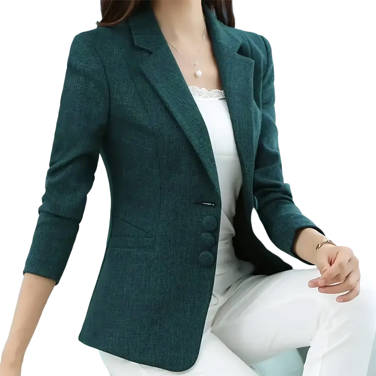 Women’s slim fit herringbone blazer suit jacket in dark green with textured fabric and three-quarter sleeves single-breasted design