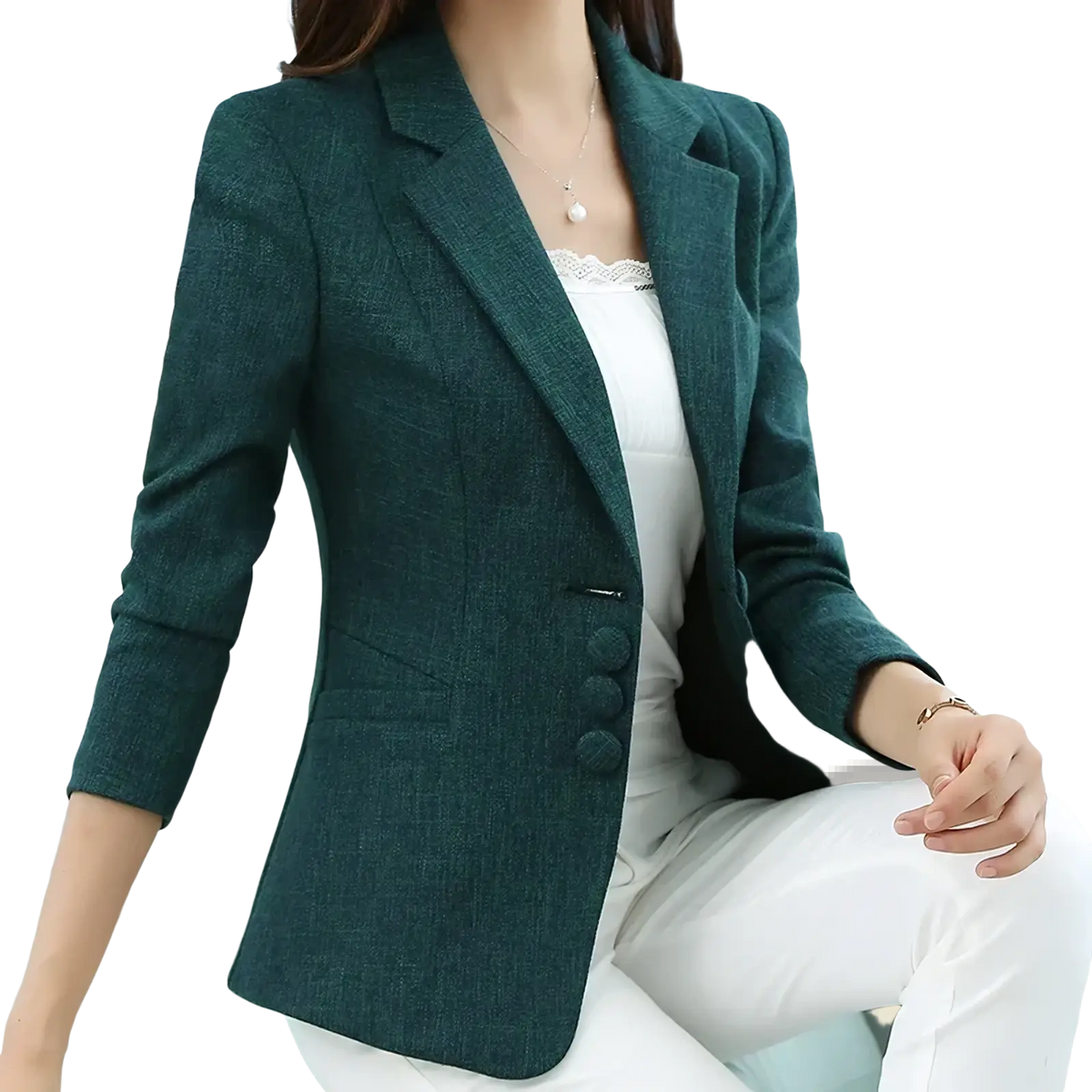 Women’s slim fit herringbone blazer suit jacket in dark teal with textured fabric three buttons and notched lapels