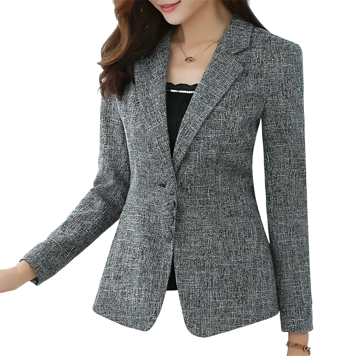 Gray tweed women’s slim fit herringbone blazer suit jacket with classic double-breasted design and subtle texture