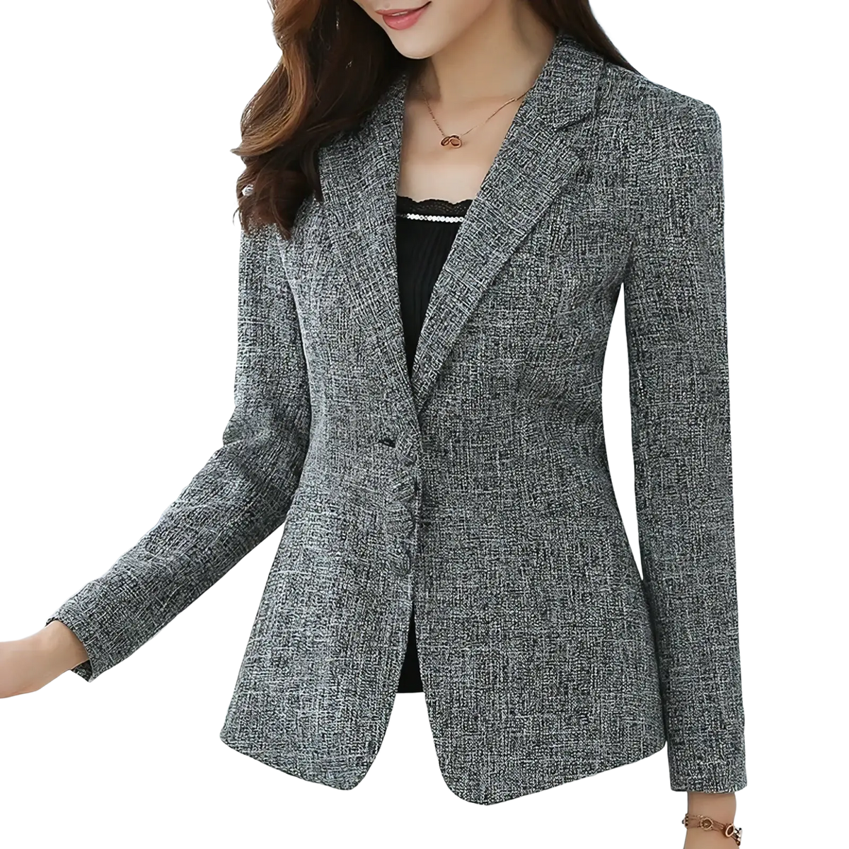 Gray tweed women’s slim fit herringbone blazer suit jacket with classic single-breasted design and notched lapels