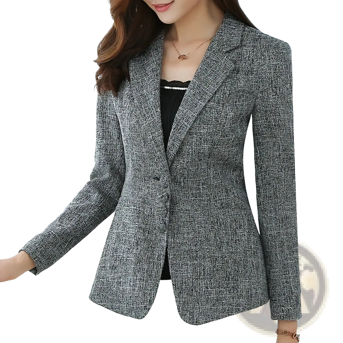 Gray tweed women’s slim fit herringbone blazer suit jacket with classic single-breasted design and notched lapels
