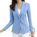 Women’s slim fit herringbone blazer suit jacket in light blue with textured fabric, three matching buttons, and notched lapels