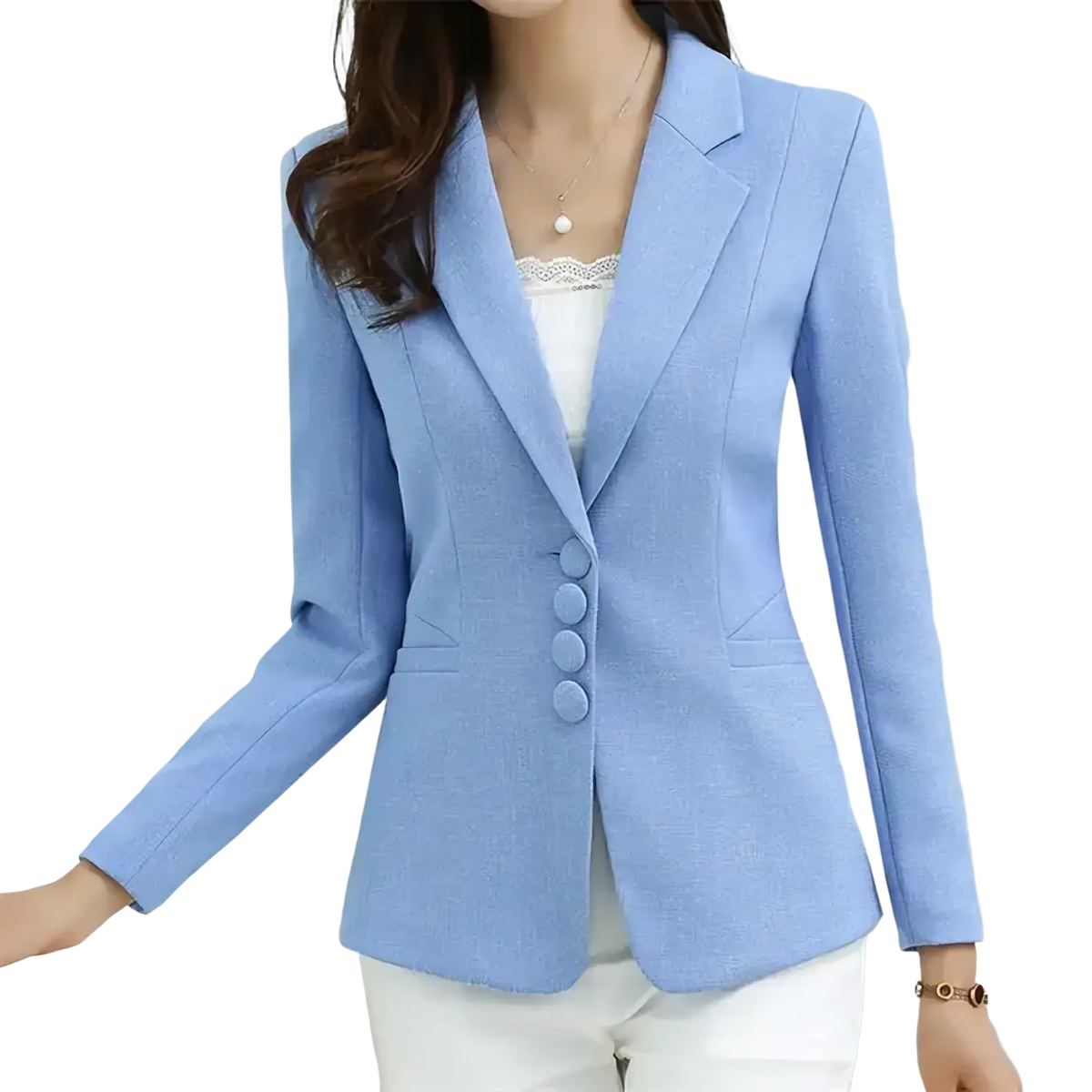 Women’s slim fit herringbone blazer suit jacket in light blue with textured fabric, three matching buttons, and notched lapels