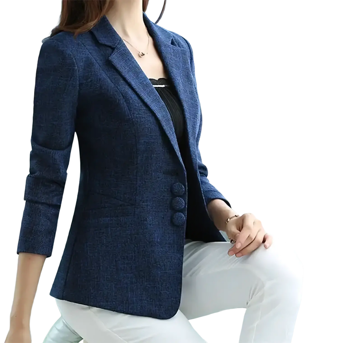 Women’s slim fit herringbone blazer suit jacket in navy blue textured fabric with three large button closures