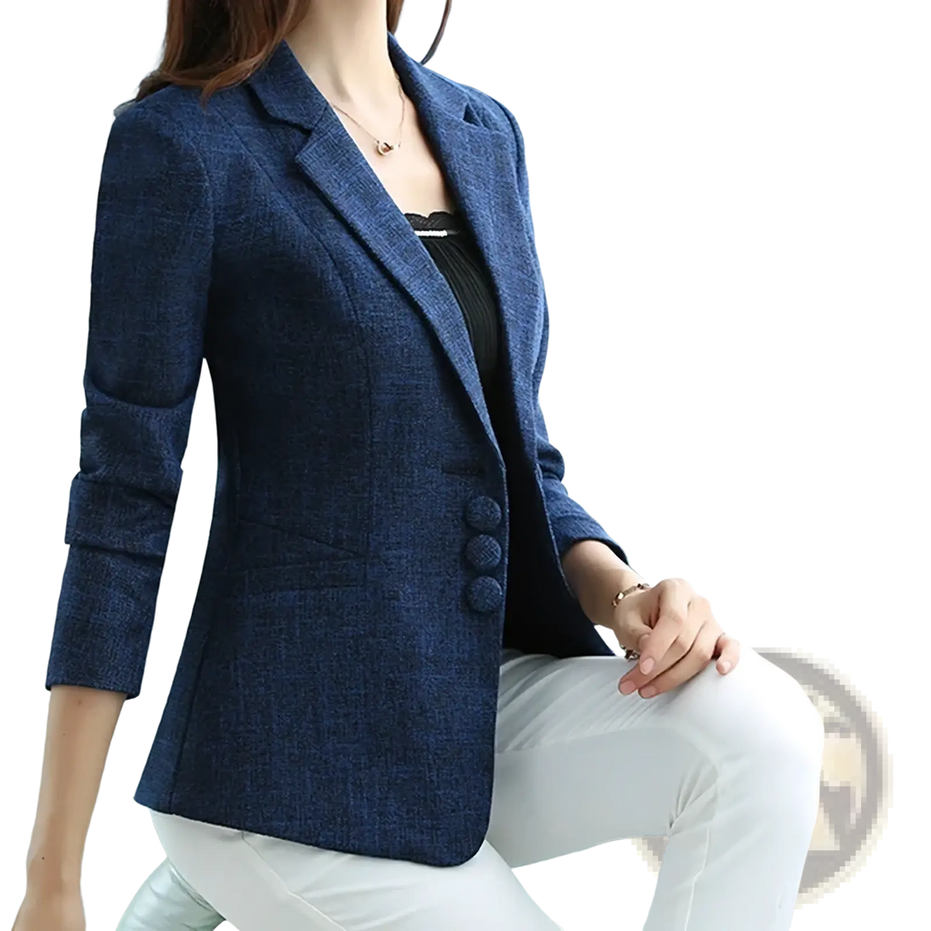 Navy blue slim fit herringbone blazer suit jacket with three round buttons for women in textured fabric