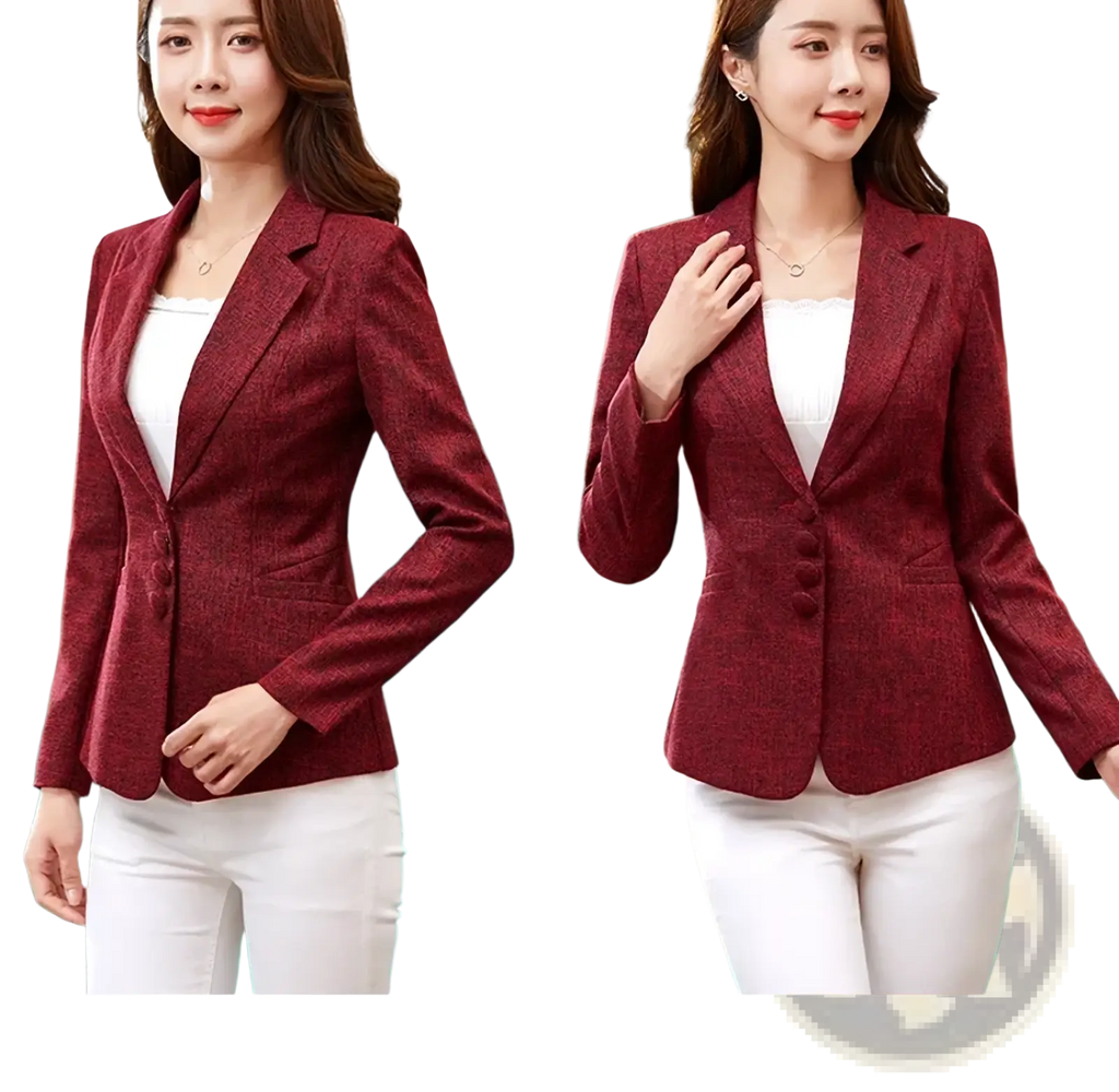 A stylish maroon women’s slim fit herringbone blazer suit jacket with textured fabric and classic double-breasted design