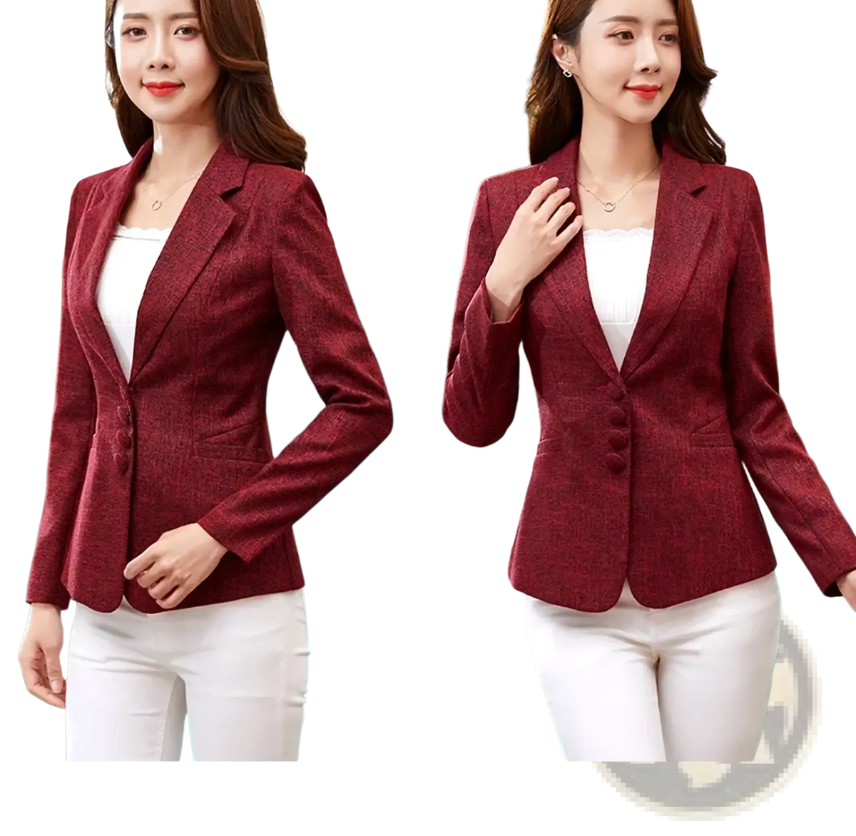 A stylish maroon women’s slim fit herringbone blazer suit jacket with textured fabric and classic double-breasted design