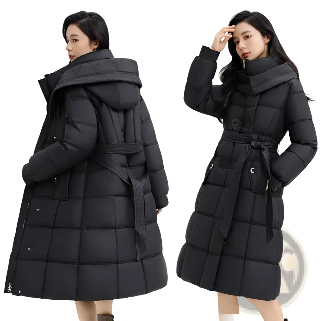 Black slim fit quilted down coat with detachable hood and matching belt for women made of insulated material