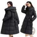 Black slim fit quilted down coat with detachable hood and matching belt for women made of insulated material