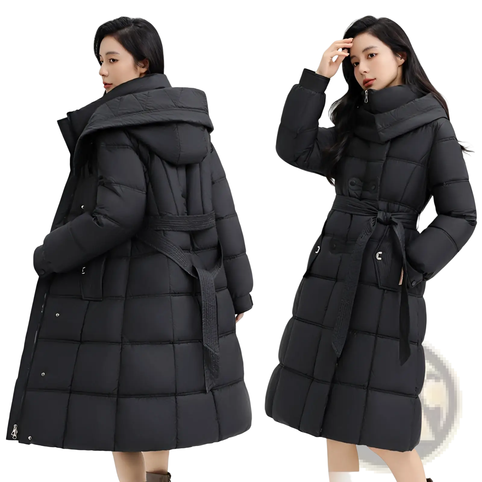 Black slim fit quilted down coat with detachable hood and matching belt for women in a warm insulated design