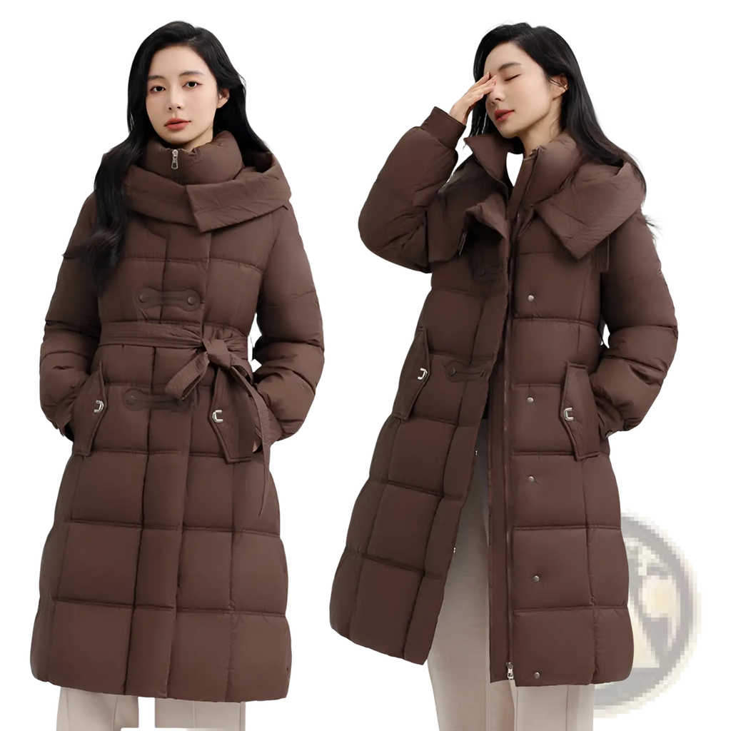 Brown slim fit quilted down coat with high collar and belt for women designed for warmth and style