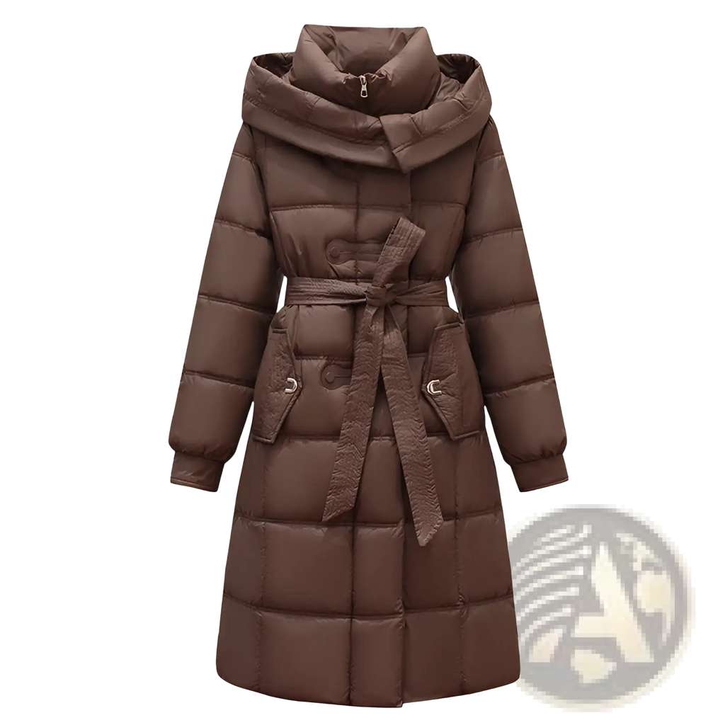 Brown slim fit quilted down coat with hood belt and front pockets for women