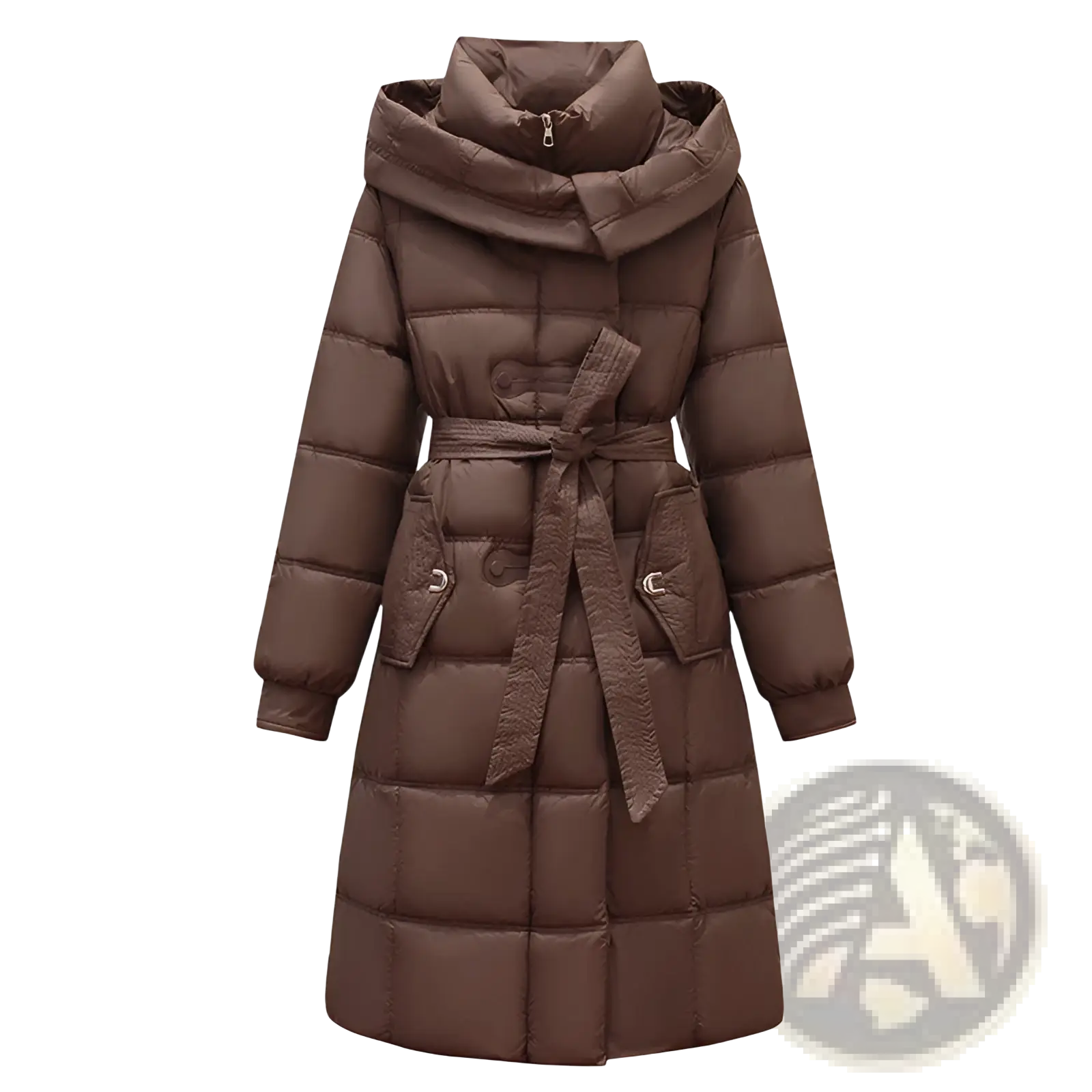 Brown slim fit quilted down coat with hood belt and front pockets for women