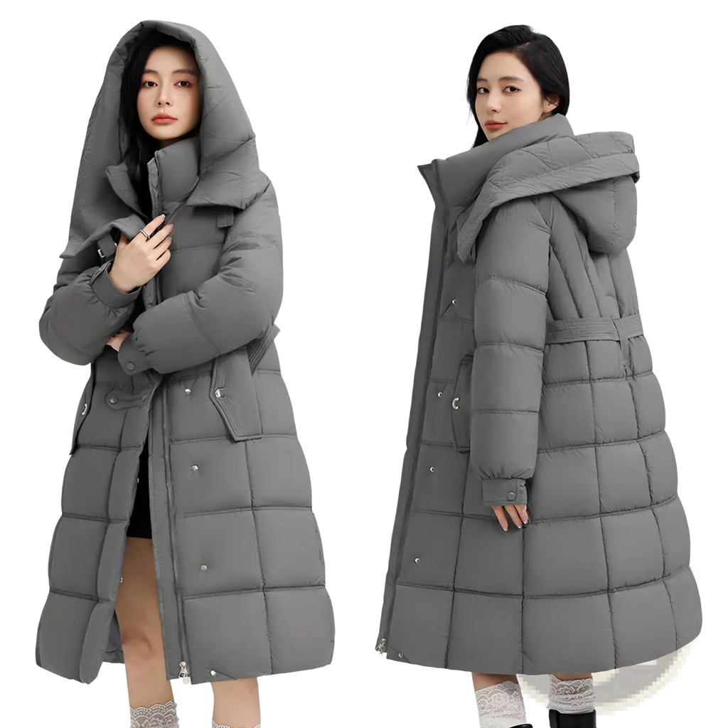 Women’s slim fit gray quilted down puffer coat with hood and belt designed for warmth and style