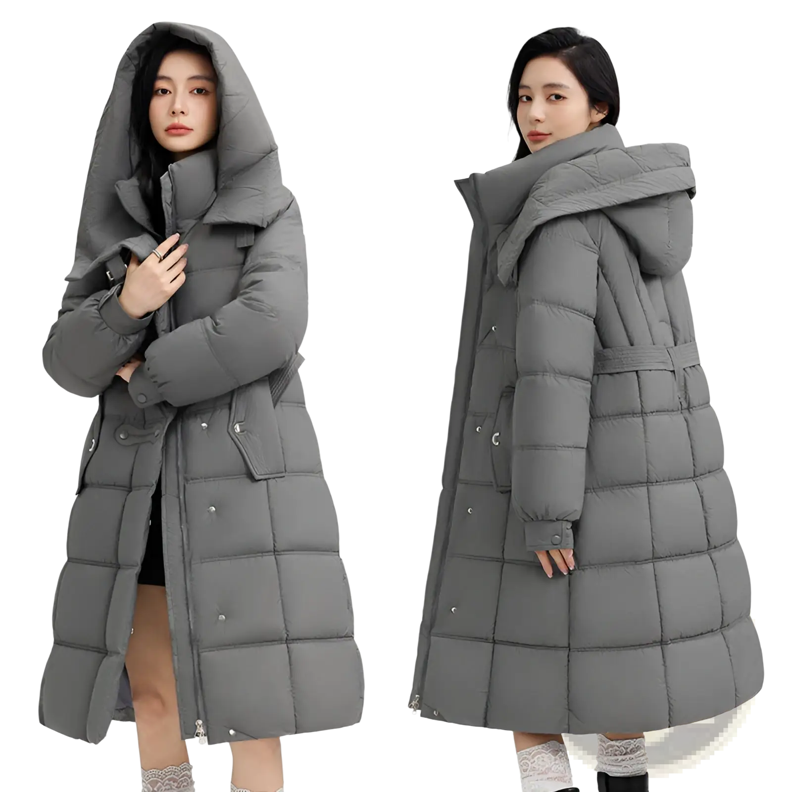 Women’s slim fit gray quilted down puffer coat with hood and belt designed for warmth and style