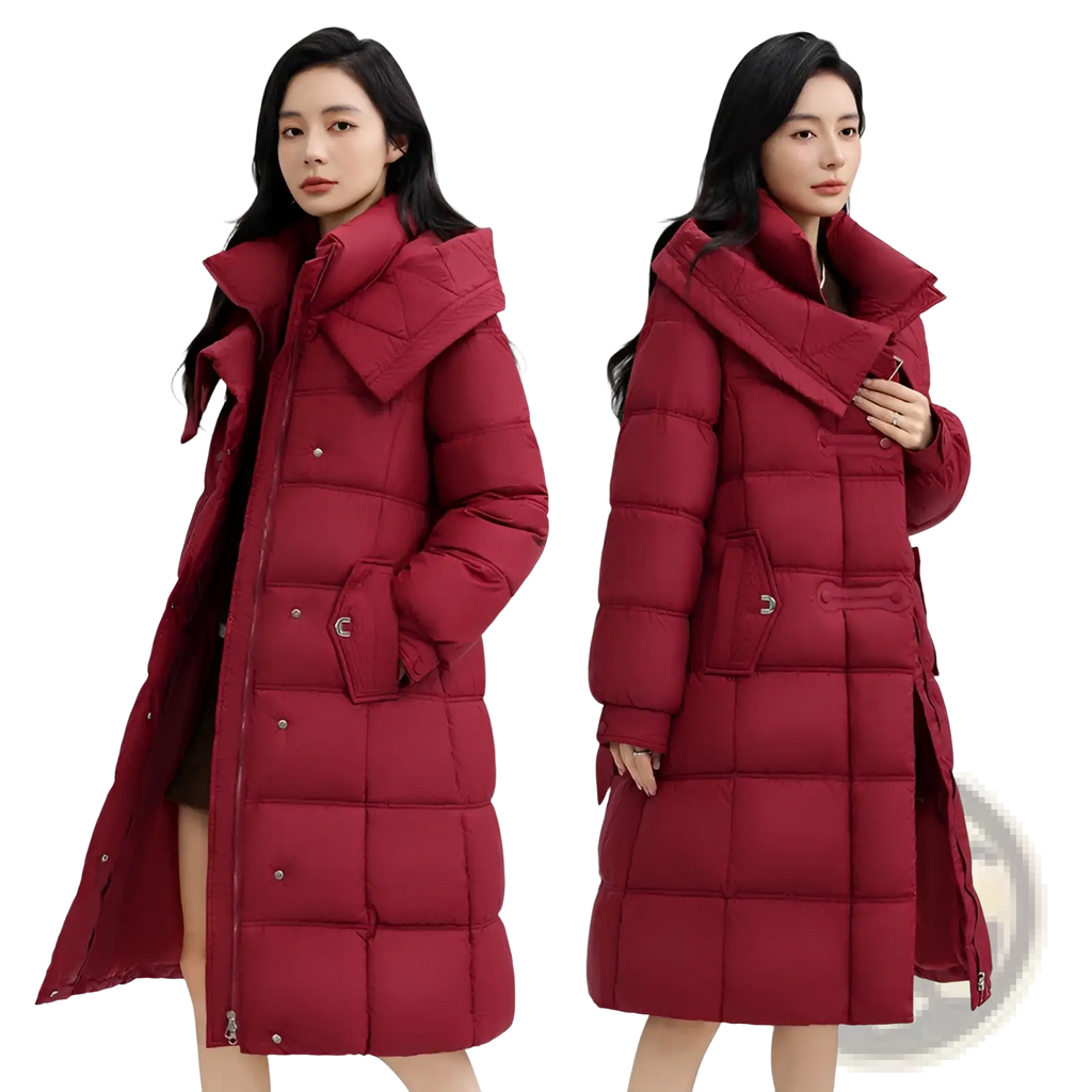 Women’s slim fit quilted down coat in deep red with wide collar and front pockets suitable for winter wear