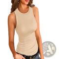 Beige slim fit ribbed sleeveless tank top with round neckline and subtle side ruching for women