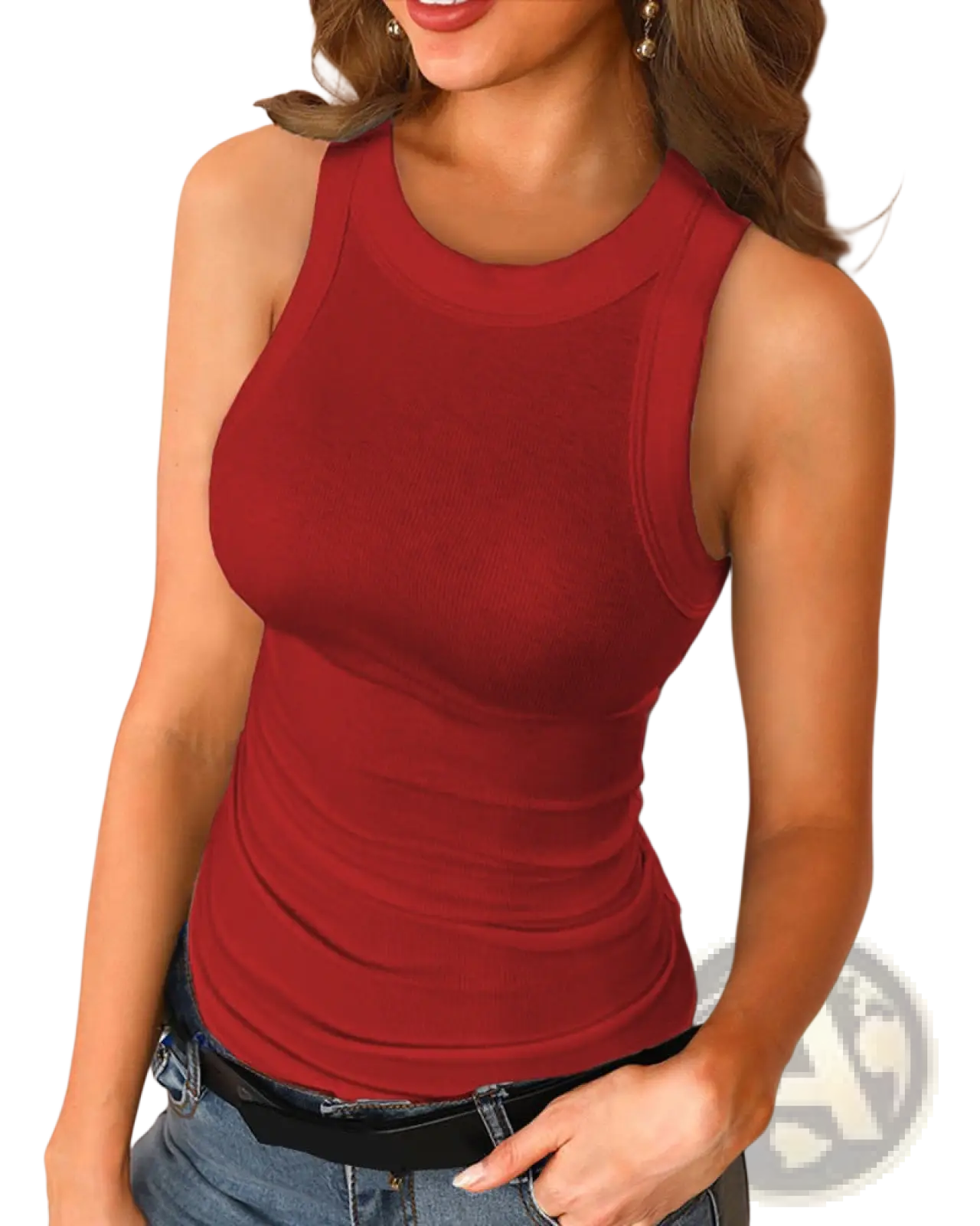 Women slim fit ribbed sleeveless tank top in red with a high neckline and fitted design