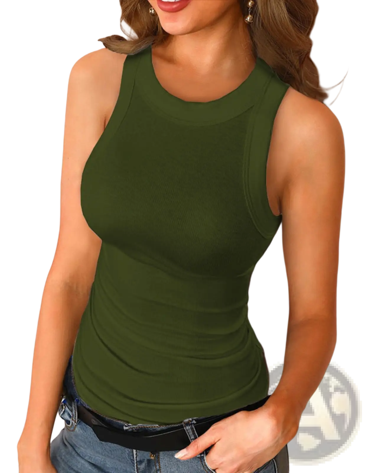 A fitted olive green slim fit ribbed sleeveless tank top with a high neckline and subtle ruching details