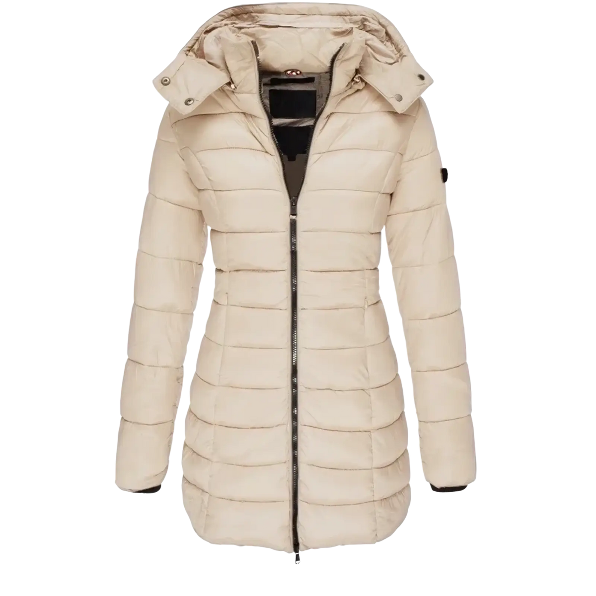 Beige quilted slim hooded winter parka coat with central zipper and black-trimmed cuffs for women