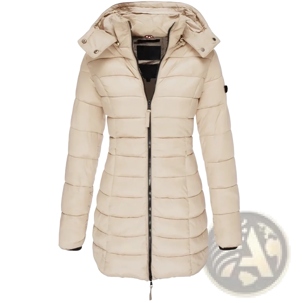Beige quilted slim hooded winter parka coat with black zipper and snap-button details for women