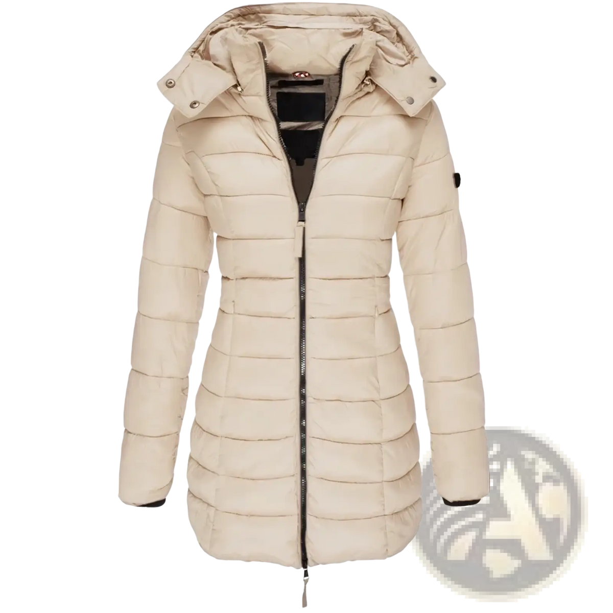 Beige quilted slim hooded winter parka coat with black zipper and snap-button details for women